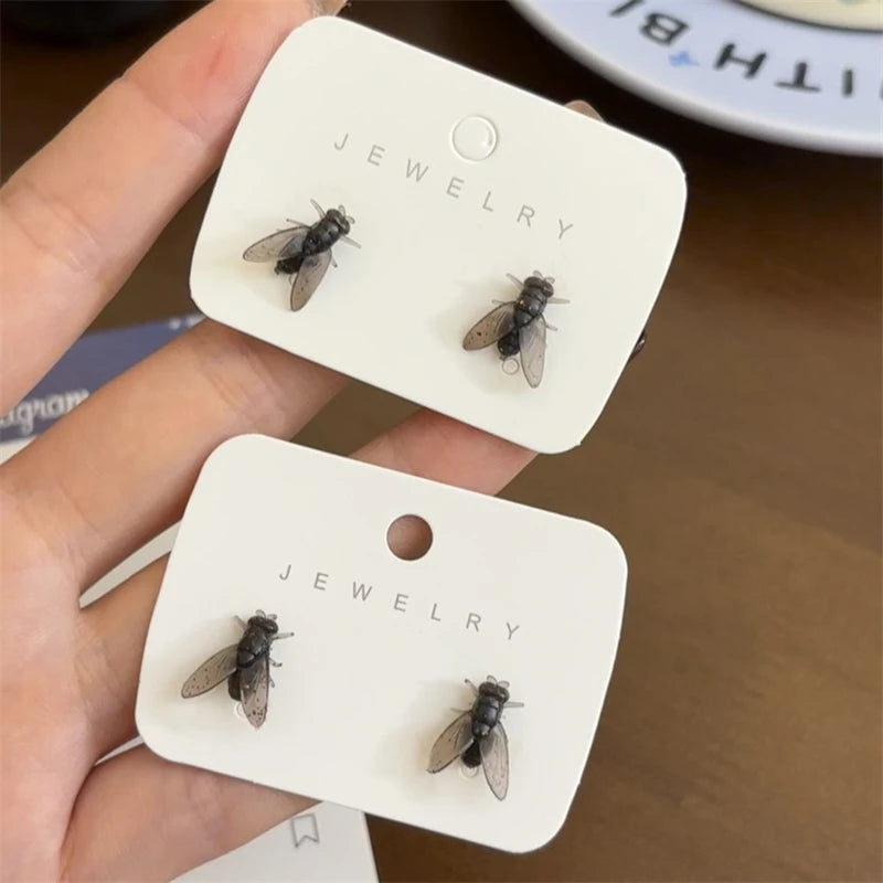 Funny prank fly stud earrings for women, realistic small insect design in black and gray HSF Marketplace jewelry
