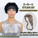 Jet black kinky curly human hair wig with leopard print twist headband, full machine-made afro style wig