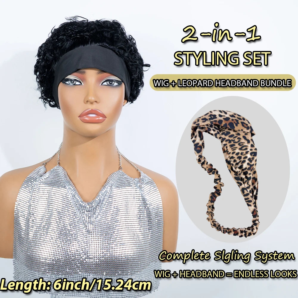 Jet black kinky curly human hair wig with leopard print twist headband, full machine-made afro style wig