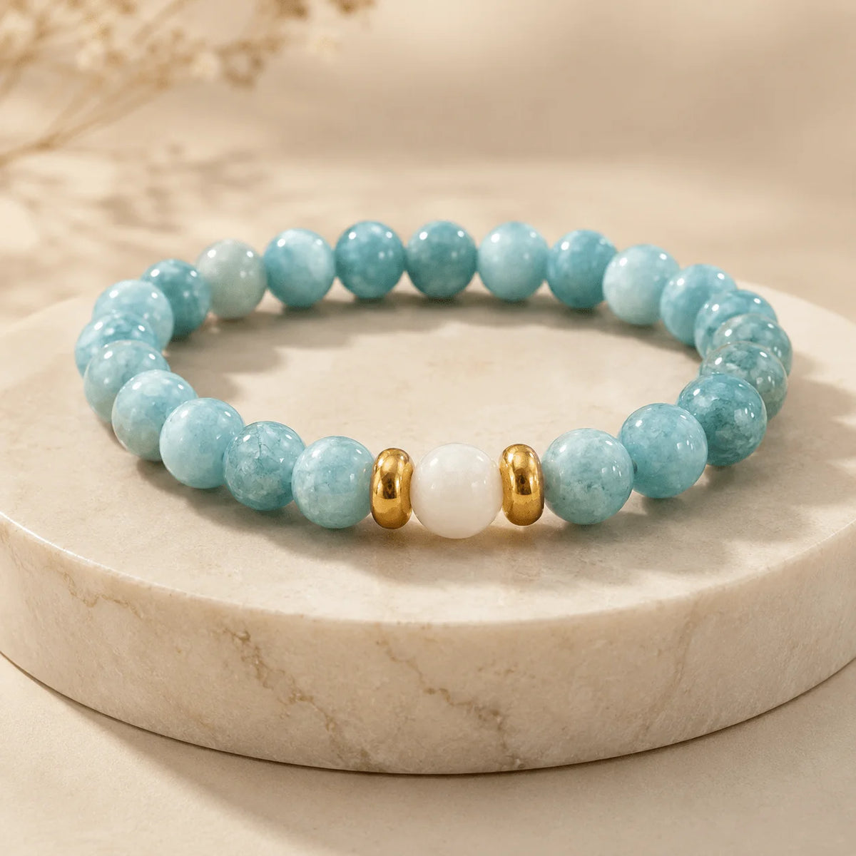 Aqua-Blue Beaded Stretch Bracelet; A Glossy, Marble-Patterned Round Bead Bracelet for Women and Girls—Stylish Everyday Jewelry