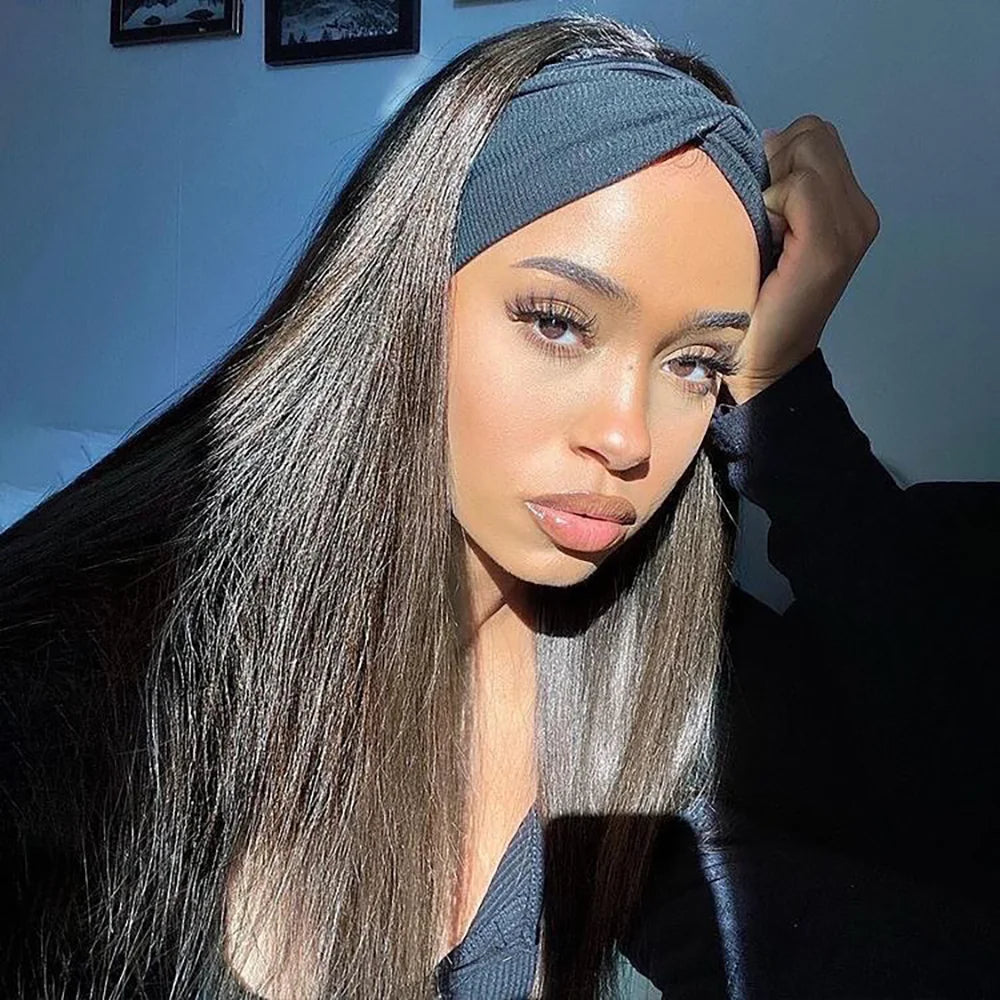 Bone straight Peruvian human hair headband wig, full machine-made 180% density wig for Black women by HSF Marketplace