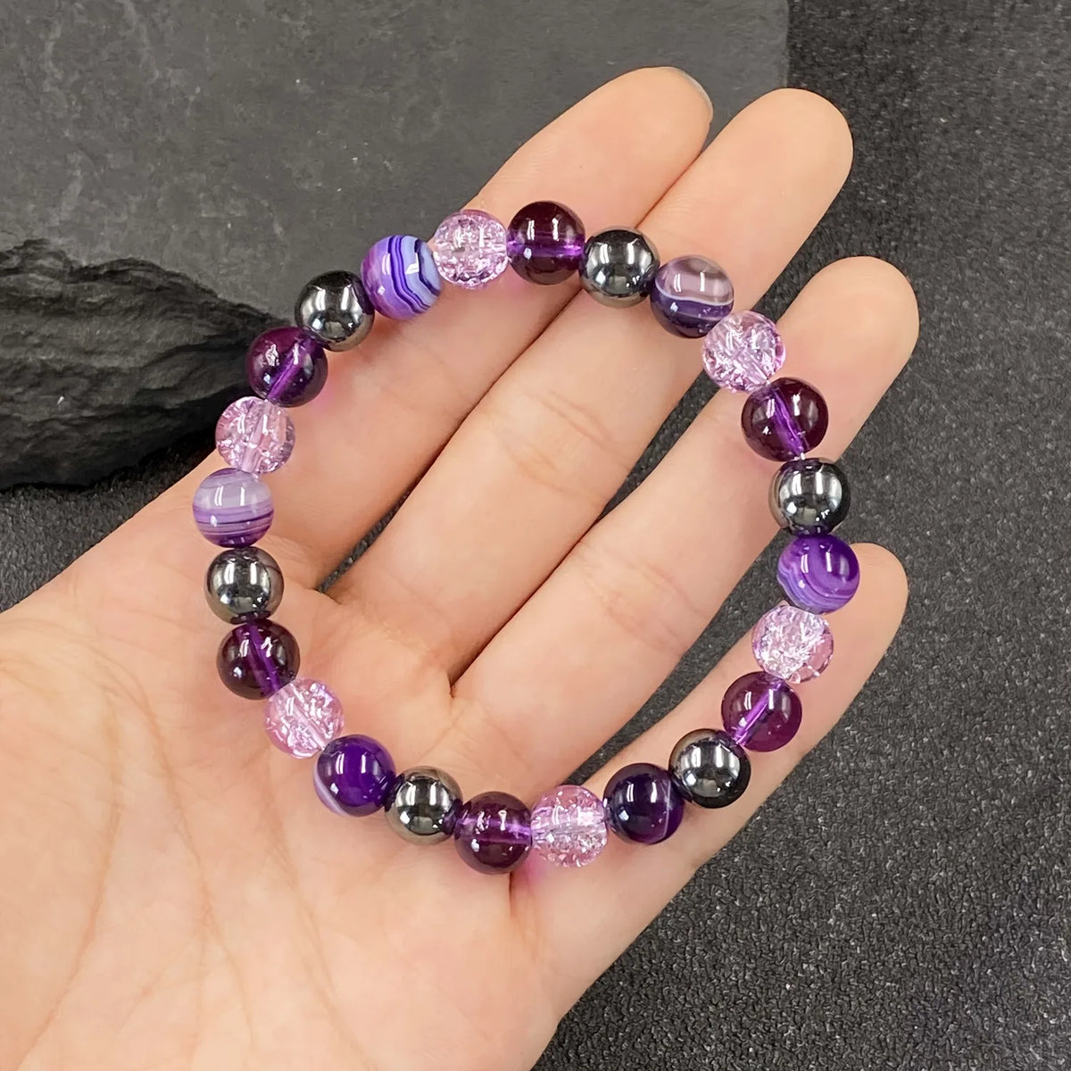 1pc Natural Amethyst Agate Bracelet, Handmade Elastic Crystal Charm Bracelet, Unisex Lucky Jewelry for Daily Wear, Gift