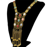 Multi Layer Colorful Turquoise Gemstone Bell Tassel Necklace Retro Ethnic Bib Long Geometry Pendant Collar Gypsy India Jewelry