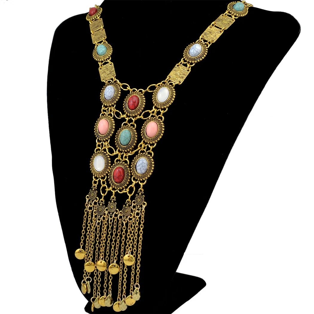 Multi Layer Colorful Turquoise Gemstone Bell Tassel Necklace Retro Ethnic Bib Long Geometry Pendant Collar Gypsy India Jewelry