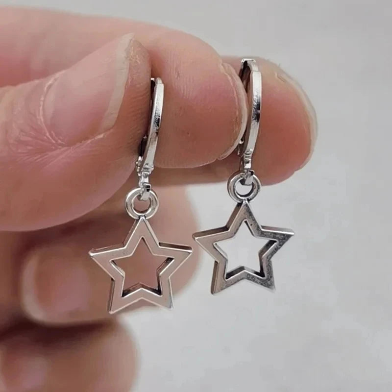 Silver color star opal heart hoop earrings for women, cute punk Y2K daily wear jewelry