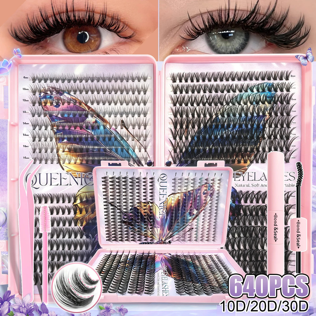 600pcs DIY Eyelash Clusters Kit - 60D 80D 100D 150D, 10-18mm Length Mix | Thick Natural Reusable False Lashes for Doll