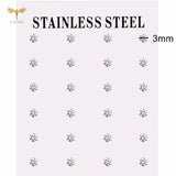 12-pair white crystal stud earrings set, 2–7mm round and square zircons with golden stainless steel posts