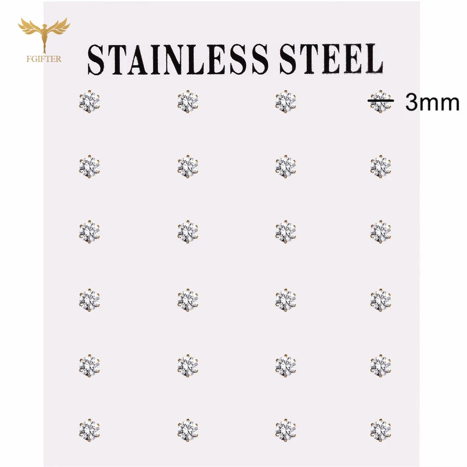 12-pair white crystal stud earrings set, 2–7mm round and square zircons with golden stainless steel posts