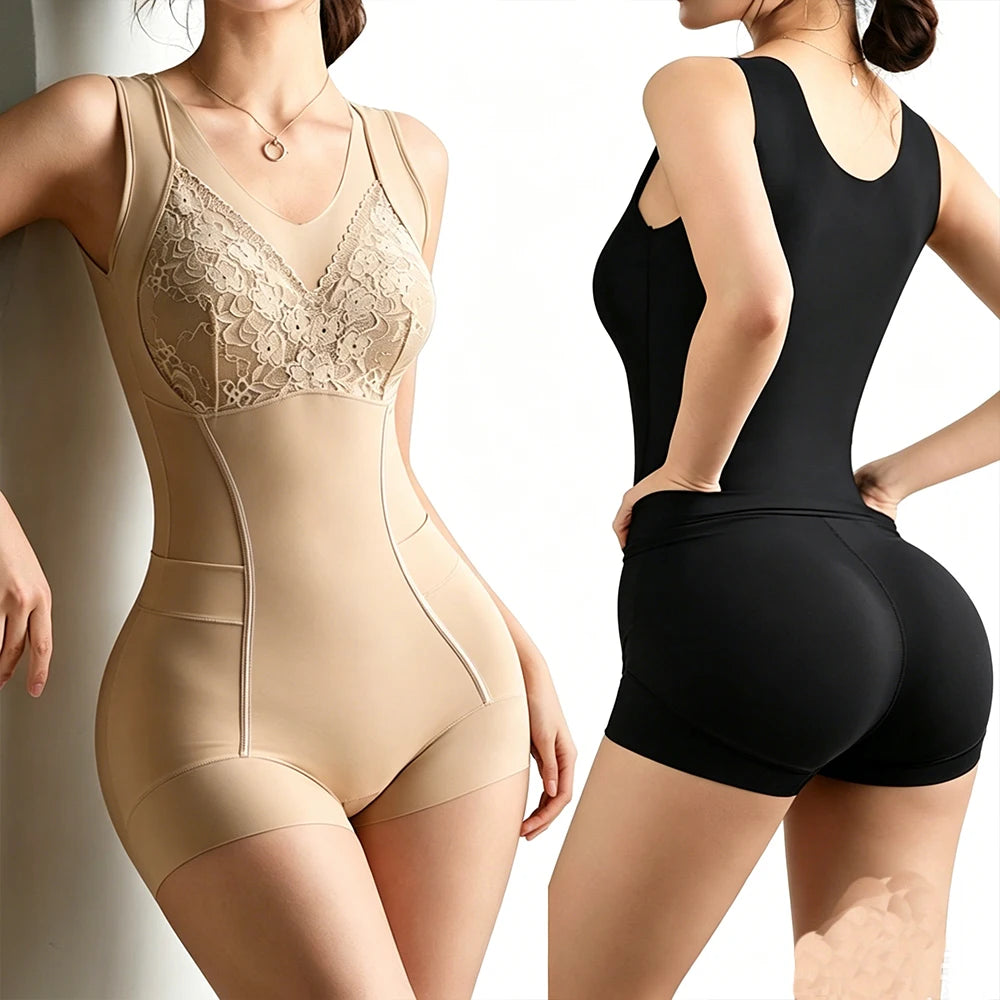 Women's abdomen control shapewear bodysuit with hip-open design, applique, built-in bras, and postpartum support
