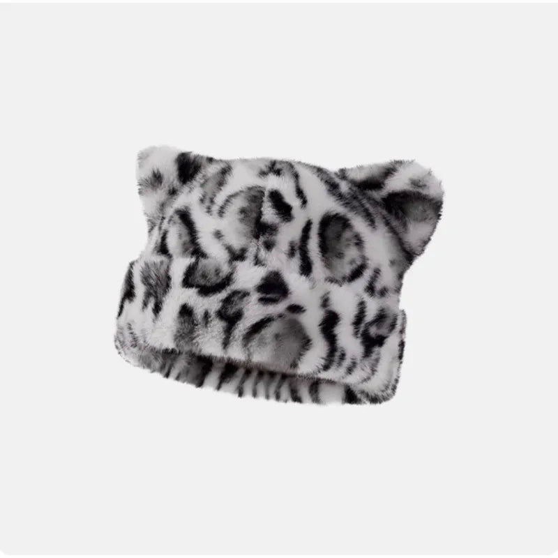 Women's leopard print plush teddy bear hooded beanie hat, thick and warm retro style