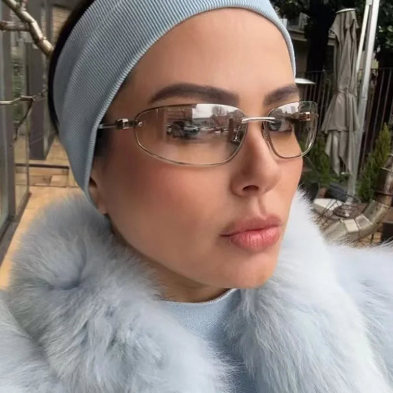 Oval frameless Y2K luxury sunglasses by HSF Marketplace, high-end punk style for women, outdoor retro personality sunglasses.
