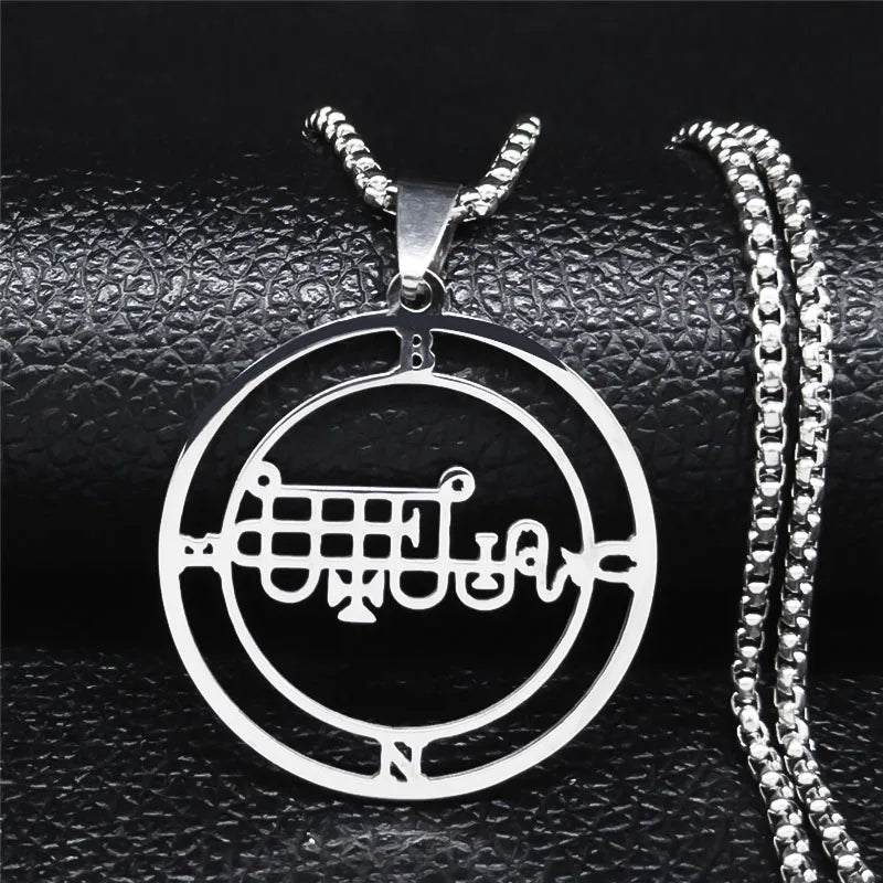 Stainless steel Satan necklace with Sigil De Lucifer, Baphomet stamp, laser-etched chain, detailed jewelry piece.