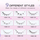 Set of 10 pairs of HSF Marketplace false eyelashes with clear bands, wispy manga style lower lashes with small flame design for Korean makeup.
