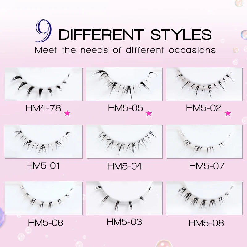 Set of 10 pairs of HSF Marketplace false eyelashes with clear bands, wispy manga style lower lashes with small flame design for Korean makeup.