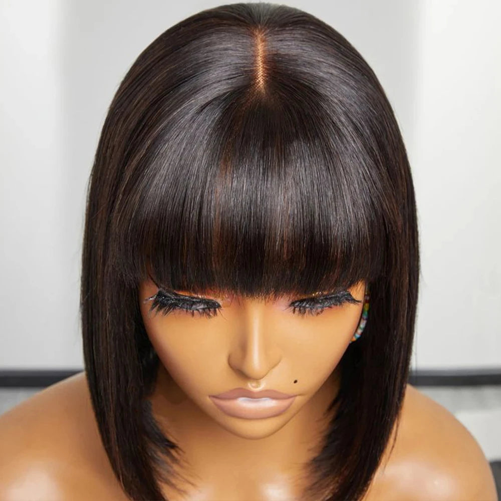 Rebecca straight bob human hair wig with bangs, middle part, lace front, and realistic scalp appearance