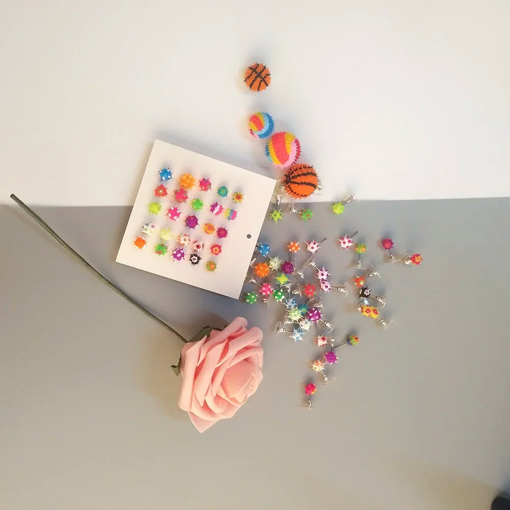 HSF Marketplace colorful silicone ball stud earrings in Japanese Korean style with 32 patterns for girls and teens