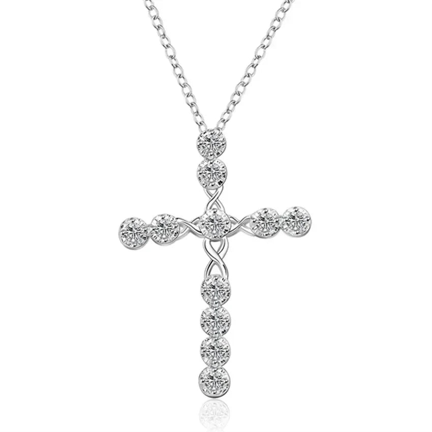 Sterling silver 45cm crystal necklace with wedding charms and cross pendant, elegant jewelry for women and ladies, classic fashion accessory