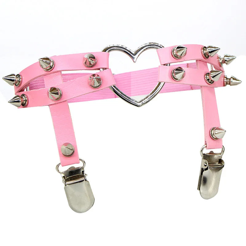Women’s elastic PU leather thigh garter leg ring with heart rivets, spikes, and punk goth harness details