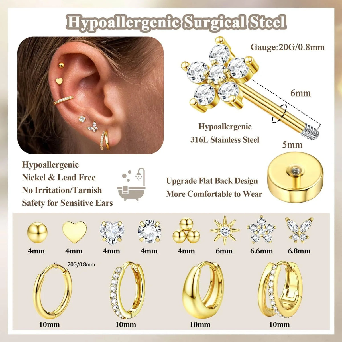 Drperfect 1Pair Flat Back Earrings for Women Surgical Steel Earrings for Sensitive Ears Hoop Stud Cartilage Tragus Piercings