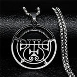 Stainless steel Satan necklace featuring Baphomet sigil and laser-etched Asmoday and Sigil De Lucifer design, chain jewelry.