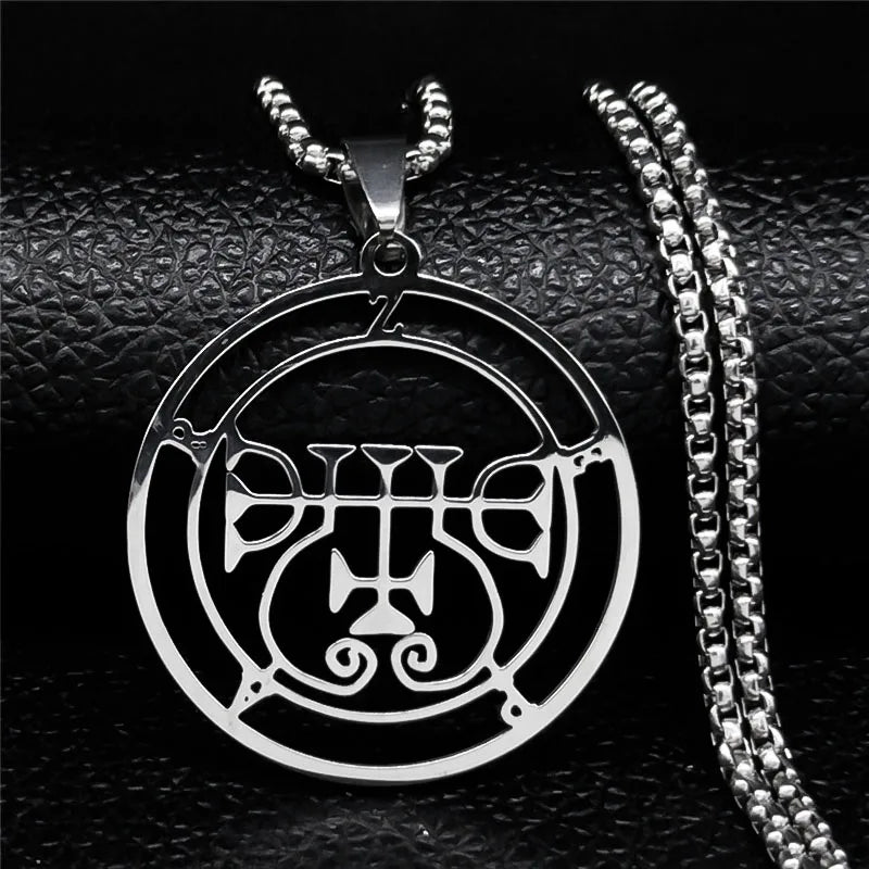 Stainless steel Satan necklace featuring Baphomet sigil and laser-etched Asmoday and Sigil De Lucifer design, chain jewelry.
