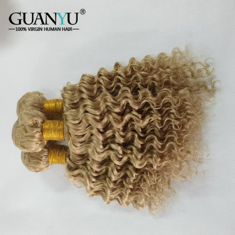 Three honey blonde deep wave human hair bundles with ombre color and a lace closure, 100% Remy human hair from HSF Marketplace.