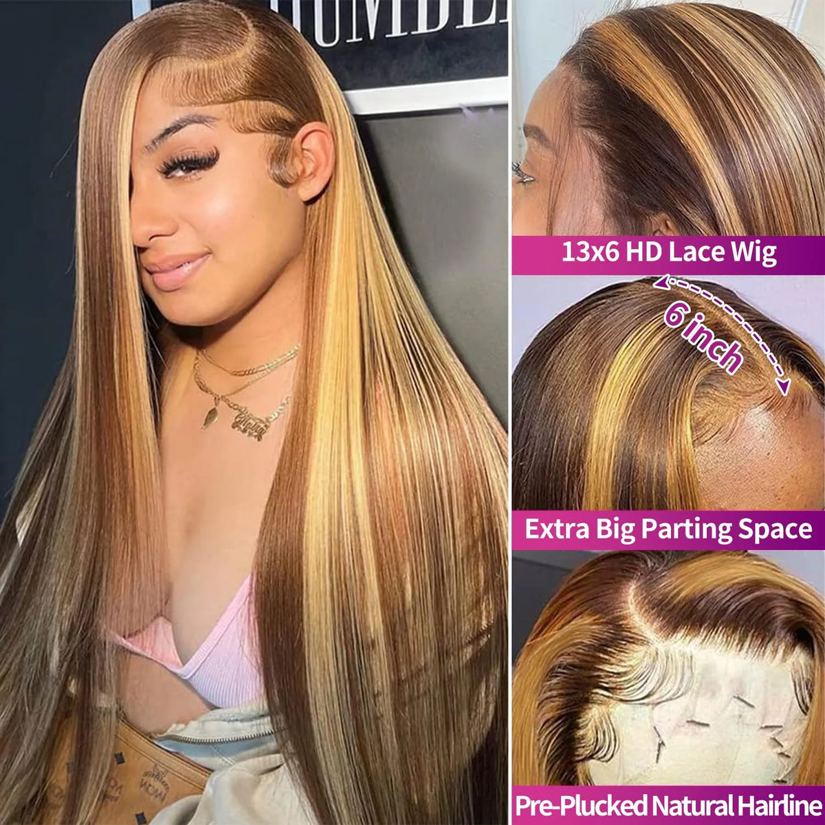 Bone straight honey blonde ombre 13x6 HD lace frontal wig with 13x4 lace frontal, human hair, from HSF Marketplace.