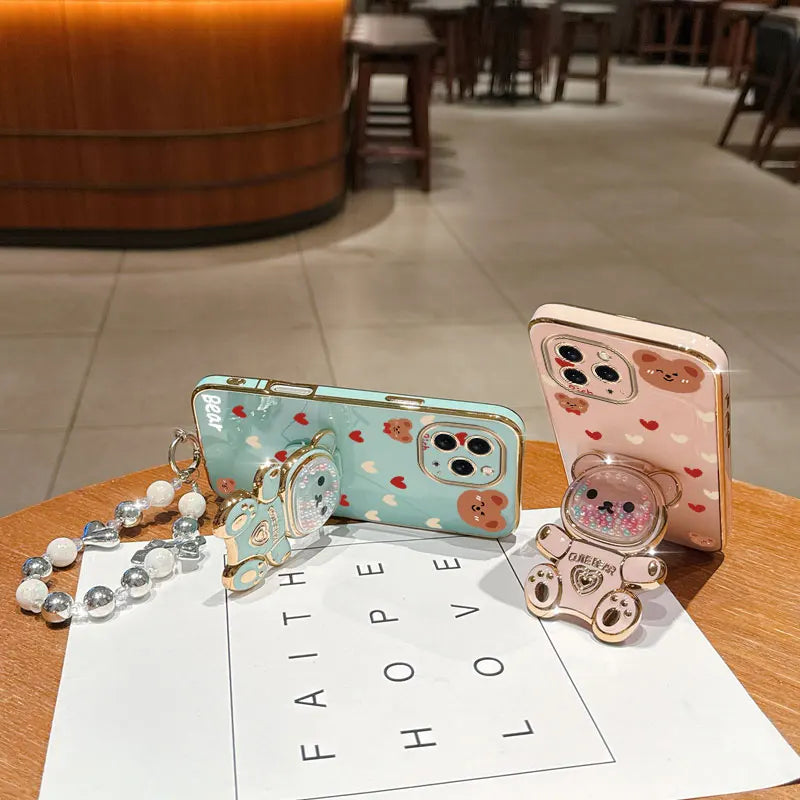 Pearl strap Love Bear phone holder case for iPhone, HSF Marketplace, shown from front and back