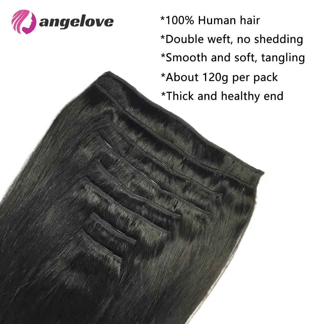 Straight clip-in human hair extensions, natural black, 18-clip double-weft set for women