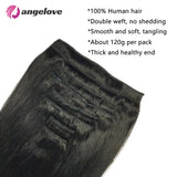 Straight clip-in human hair extensions, natural black, 18-clip double-weft set for women