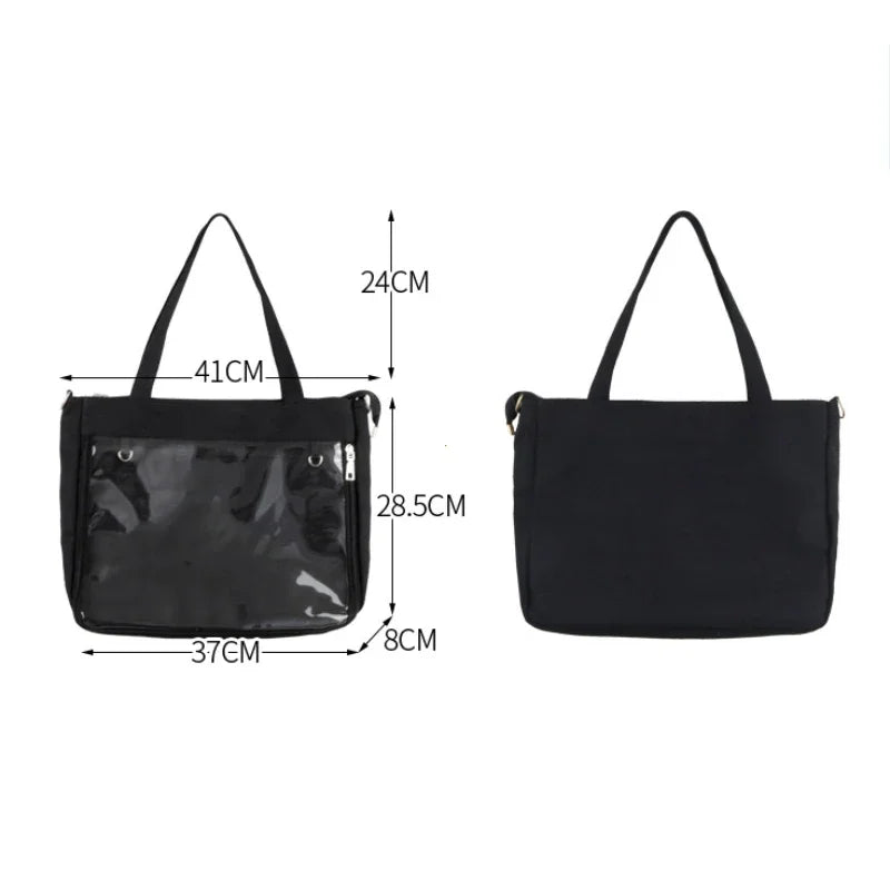 Black Big Ita Bag by HSF Marketplace with clear insert, double straps, kawaii transparent shoulder purse for women and girls.
