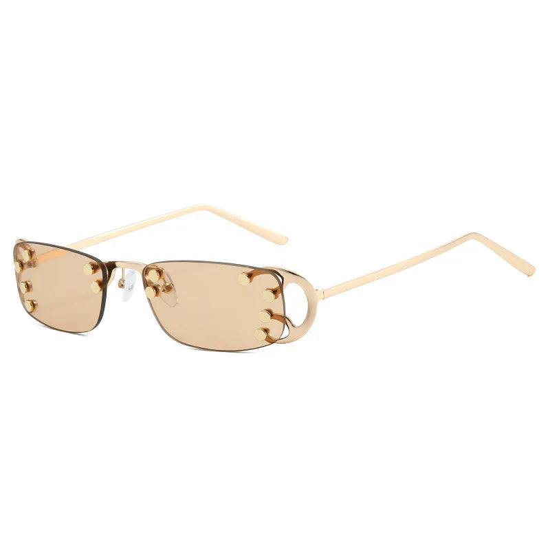 Studded rimless metal frame sunglasses with rectangular design, UV400 lenses, perfect for retro, Y2K, fashion, daily wear, and parties.