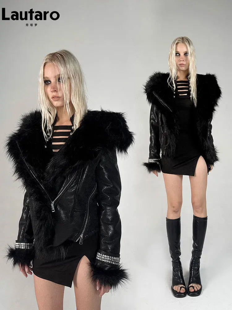 Lautaro women's black shaggy faux sheepskin coat, thick soft warm autumn winter jacket with fluffy texture