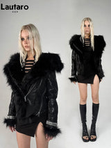 Lautaro women's black shaggy faux sheepskin coat, thick soft warm autumn winter jacket with fluffy texture