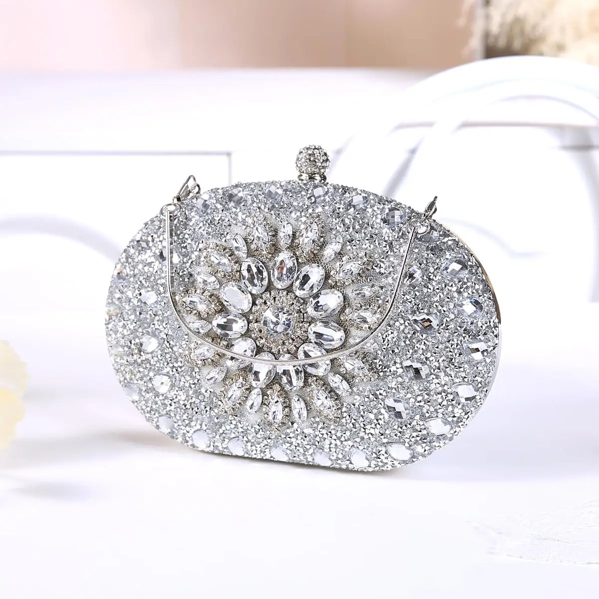 Sparkly women's rhinestone clutch purse from HSF Marketplace, luxury evening bag with elegant design and sparkling embellishments.