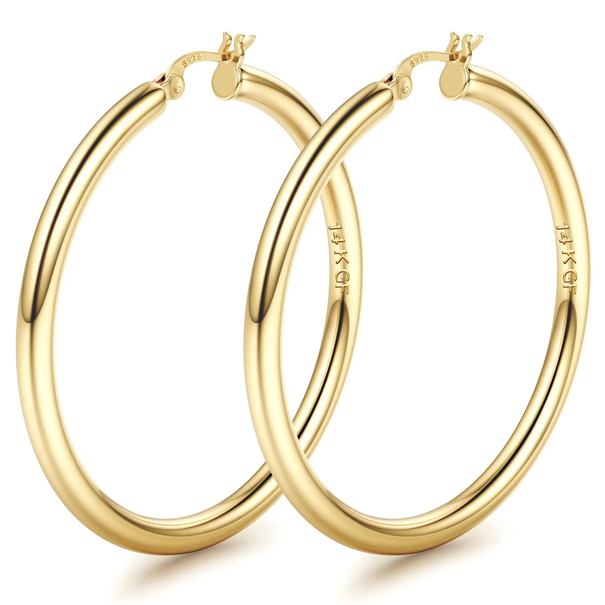 Chunky 14K gold plated hollow tube hoop earrings with 925 sterling silver posts, 4mm thick, large and lightweight