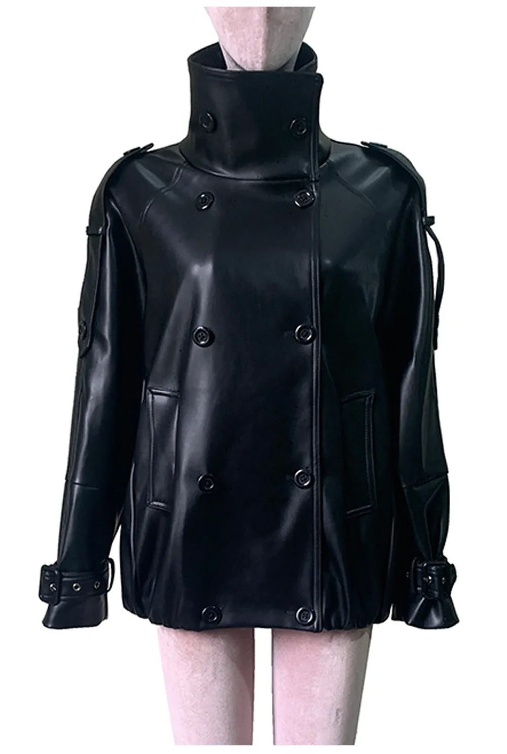Women's Nerazzurri waterproof windproof PU leather trench coat, autumn double-breasted design in black