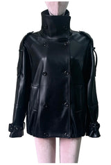 Women's Nerazzurri waterproof windproof PU leather trench coat, autumn double-breasted design in black