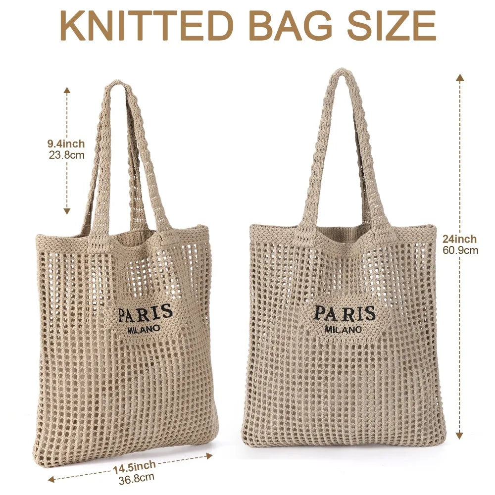 HSF crochet tote bag for women, stylish woven summer beach handbag with spacious open design