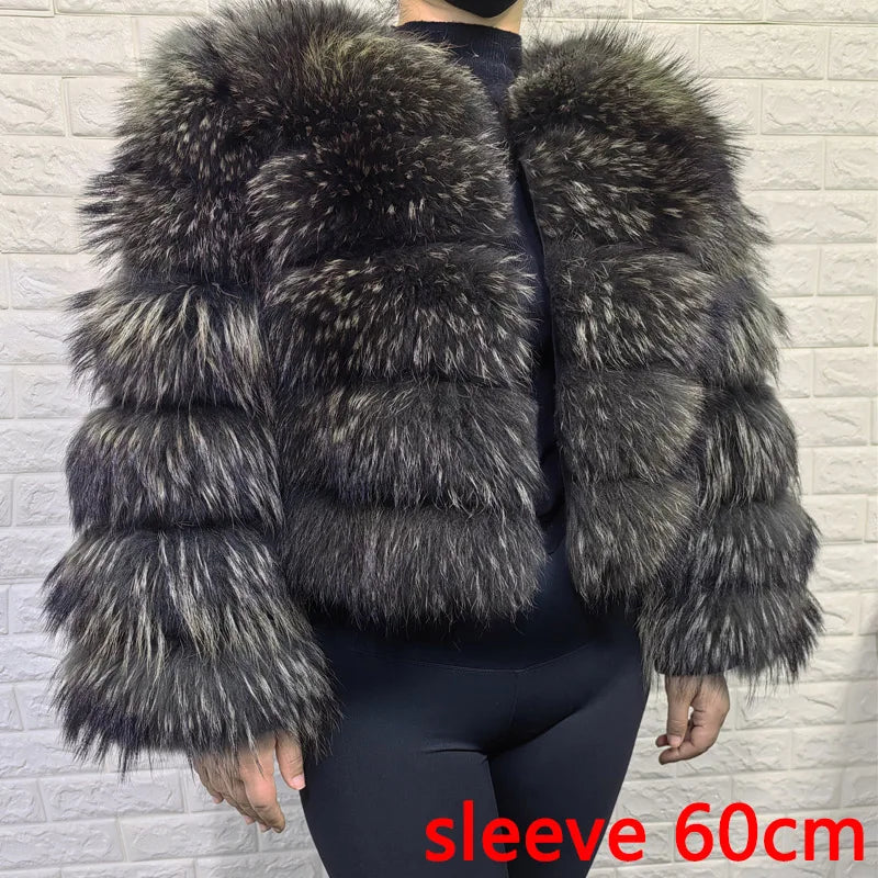 Women's luxury thick real raccoon fur coat in plus sizes, full-length design in a natural brown shade