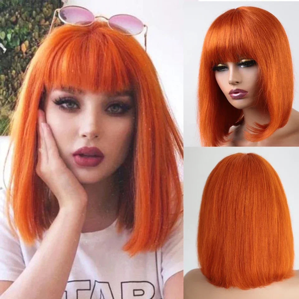 Rebecca Natural Black 99J Orange short straight bob human hair wig with bangs, full machine-made daily wig by HSF Marketplace