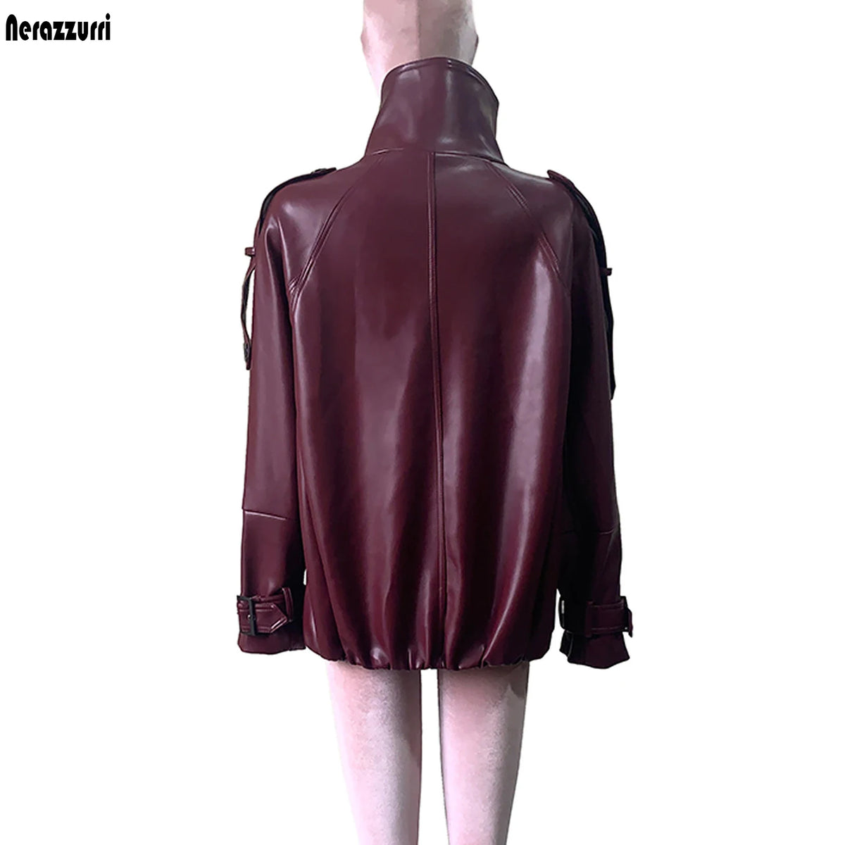 Women's Nerazzurri PU leather trench coat, double-breasted, thick waterproof and windproof design for autumn