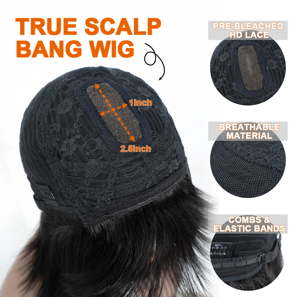 Rebecca glueless straight human hair bob lace wig with bangs, fringe, middle part, and realistic scalp appearance