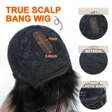 Rebecca glueless straight human hair bob lace wig with bangs, fringe, middle part, and realistic scalp appearance