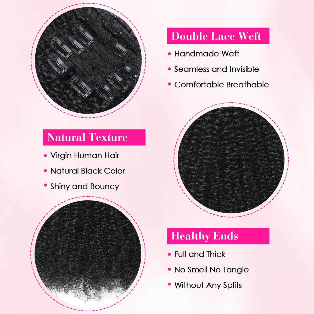4C kinky curly clip-in human hair extensions, full-head virgin curly extensions for women