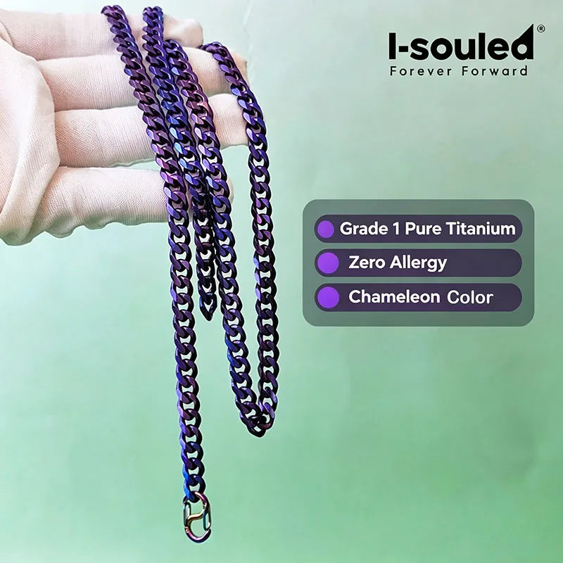 Grade 1 Titanium Chain Necklace 7mm Cuban Link, Hypoallergenic Anodized Purple Blue Necklace for Sensitive Skin