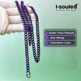 Grade 1 Titanium Chain Necklace 7mm Cuban Link, Hypoallergenic Anodized Purple Blue Necklace for Sensitive Skin