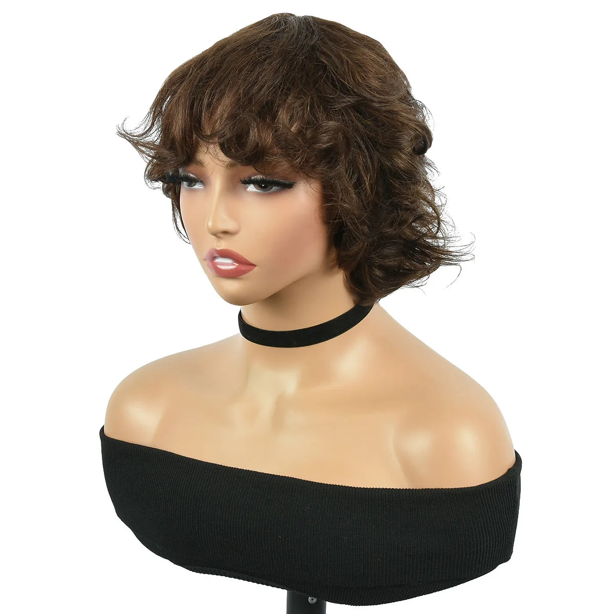 Close-up of HSF Marketplace curly blonde human hair pixie wig, 6-inch Brazilian virgin Remy full machine wig for women daily wear