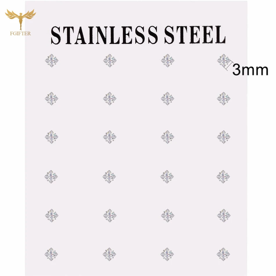 12-pair white crystal stud earrings set, 2–7mm round and square zircons with golden stainless steel posts