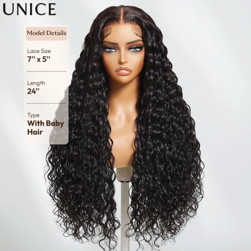 UNice No-Slip 7x5 Lace Water Wave Human Hair Wig With Baby Hair & Drawstring Pre Cut Pre Bleached Glueless Wig Ready To Wear Go